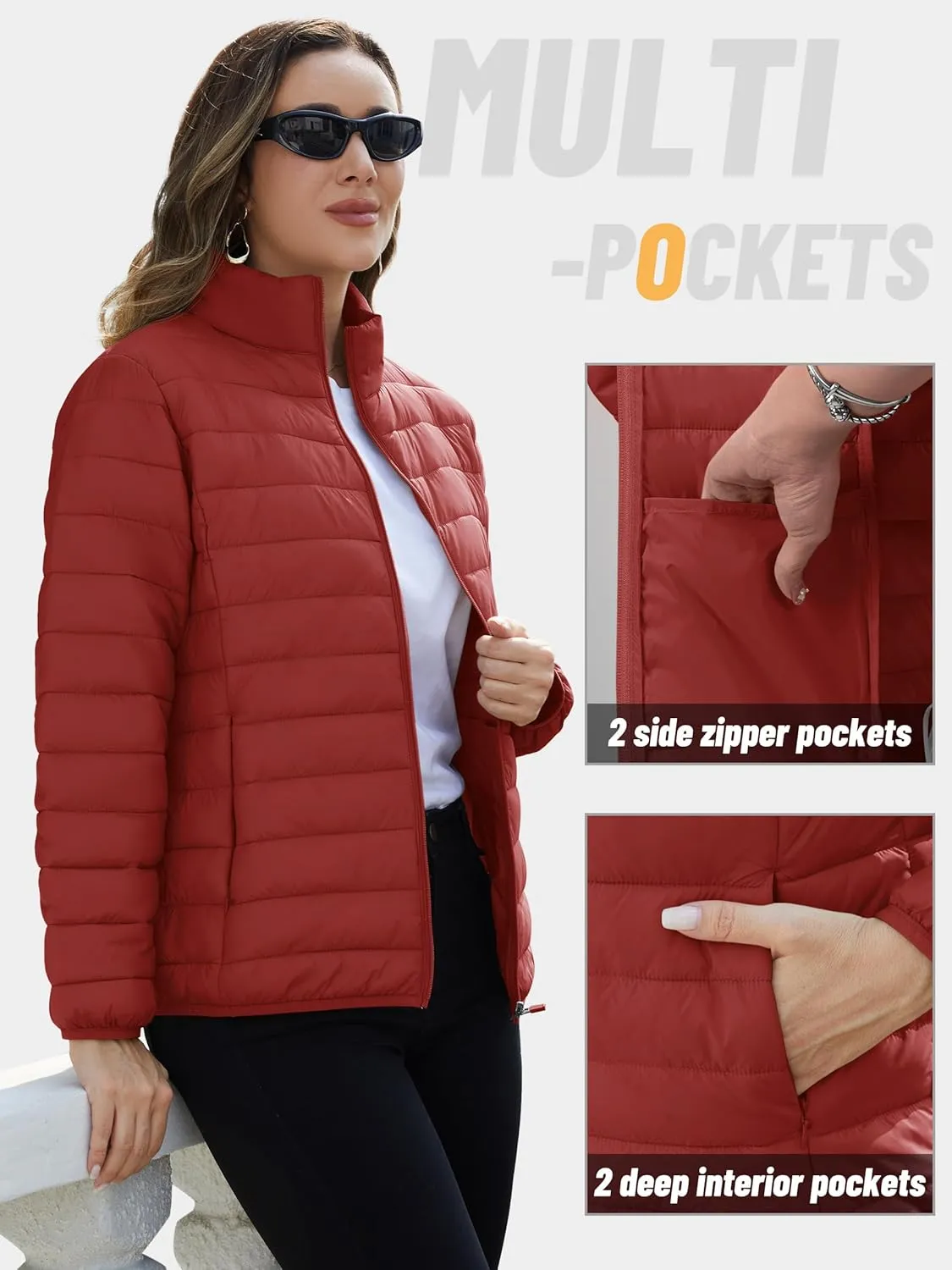 TACVASEN Womens Puffer Jacket Quilted Lightweight Stand Collar Zip Up Alternative Down Coat Warm Winter with 4 Pockets