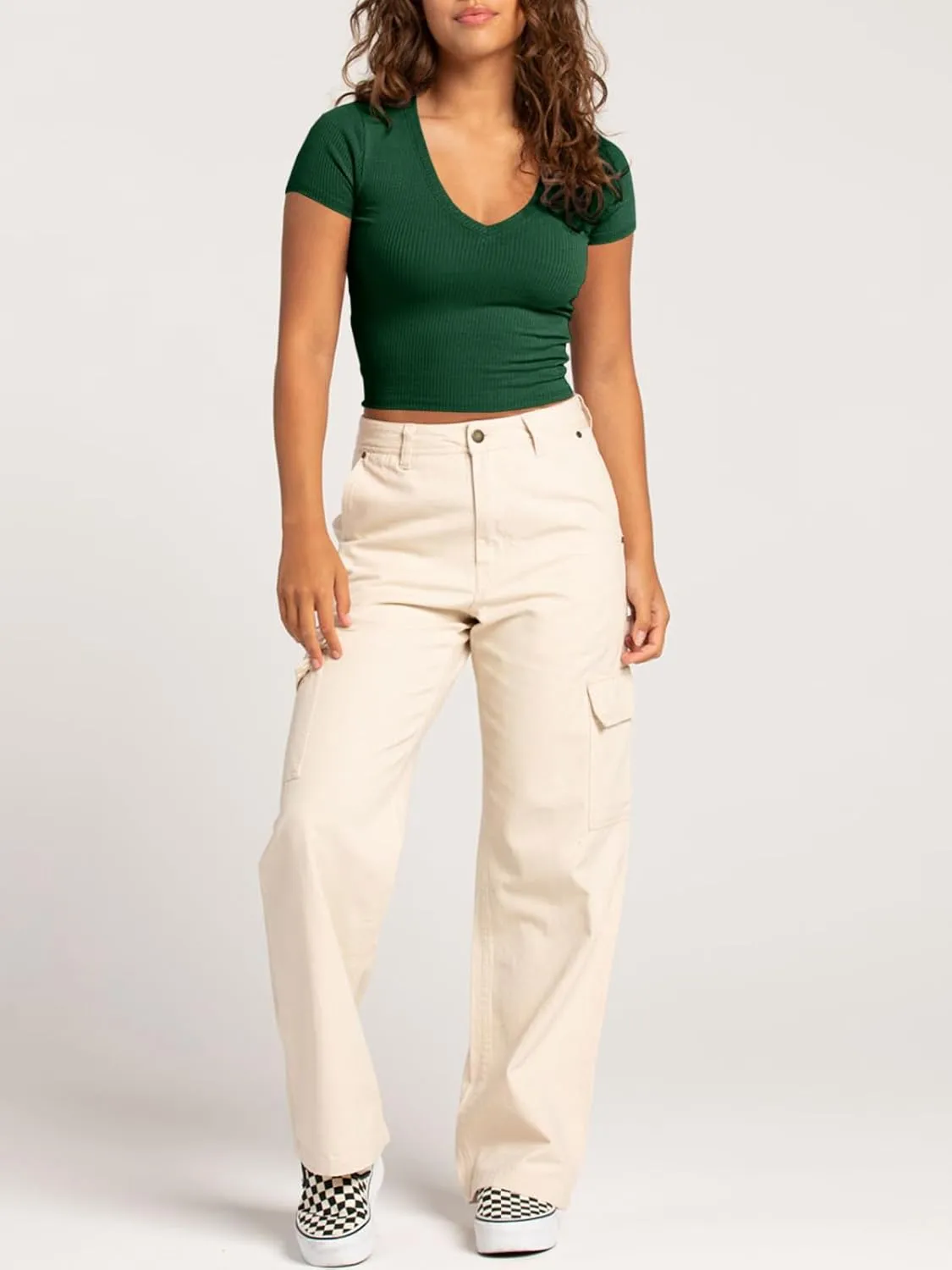 Tankaneo Womens Crop Tops Ribbed V Neck Short Sleeve Summer Basic Tees Slim Fit Y2k Shirts