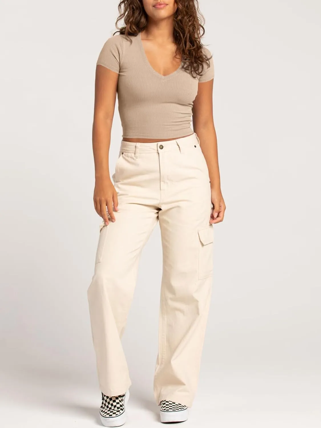Tankaneo Womens Crop Tops Ribbed V Neck Short Sleeve Summer Basic Tees Slim Fit Y2k Shirts