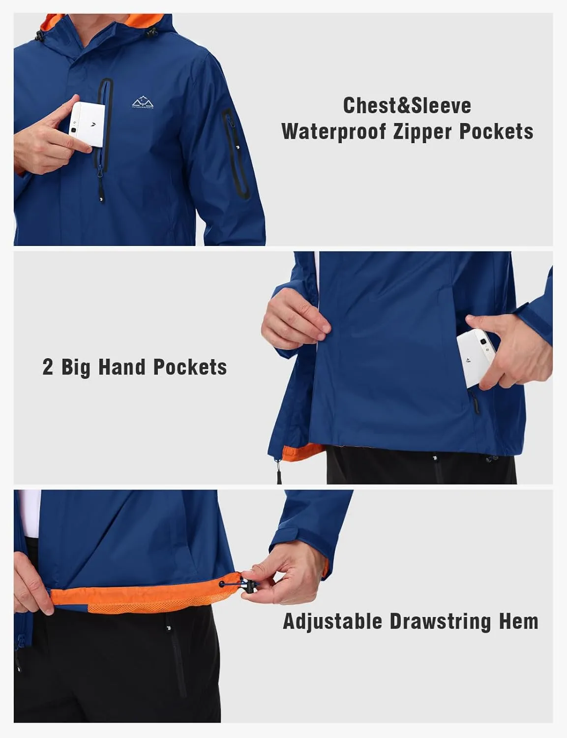 TBMPOY Men's Lightweight Rain Jackets Waterproof Raincoat with Hood Running Cycling Hiking Outdoor Windbreaker