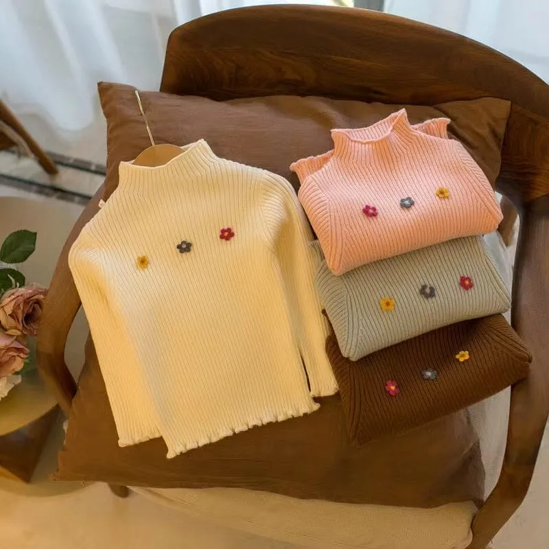 Tiny Flower Mock-Neck Knit Sweater