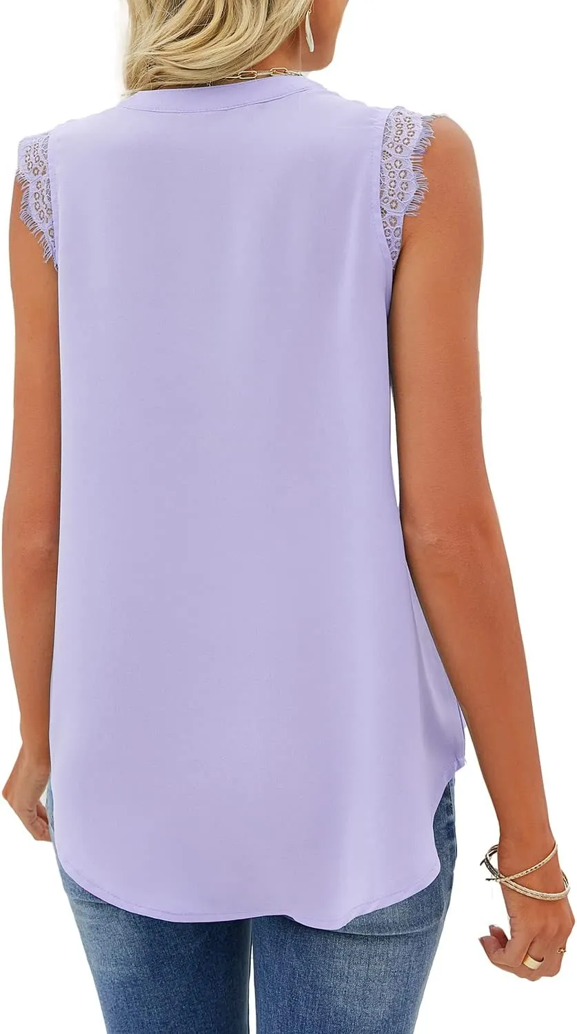 WELINCO Women's Summer Casual Sleeveless V Neck Lace Trim Tank Tops Loose Blouse Tees