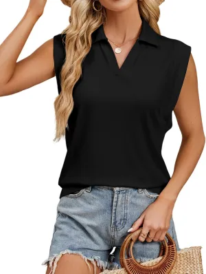 WHO IN SHOP Polo Shirts for Women V Neck Collared Golf Shirt UPF 50  Ribbed Cap Short Sleeve Work Blouses Tennis Tunic Tops