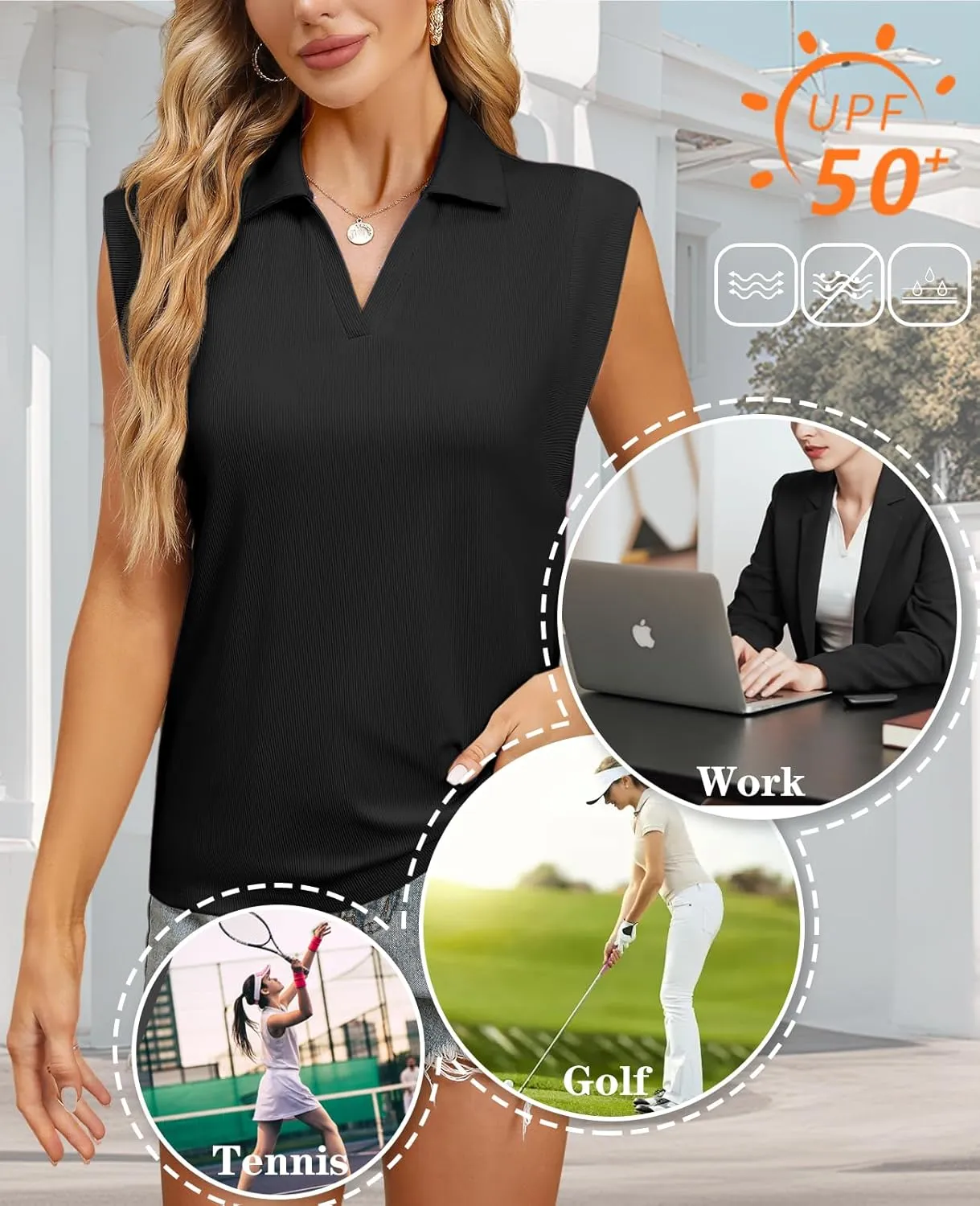 WHO IN SHOP Polo Shirts for Women V Neck Collared Golf Shirt UPF 50  Ribbed Cap Short Sleeve Work Blouses Tennis Tunic Tops