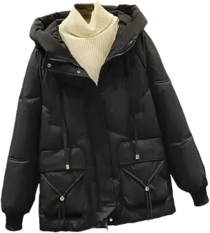 Winter Down Cotton-Padded Jacket Pocket Coat Women's Padded Collar Long Hooded Casual Solid Color Coat