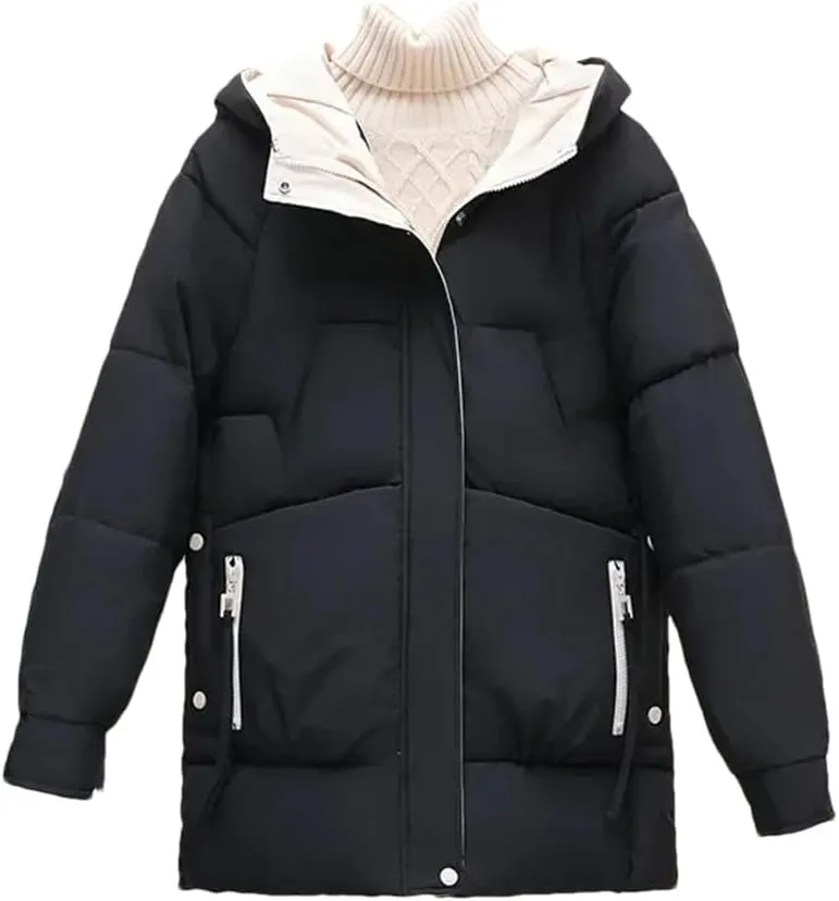 Winter Women Coat Loose Korean Version Long Thick Down Cotton-Padded Jacket Contrast Hooded Cotton Jackets