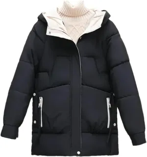 Winter Women Coat Loose Korean Version Long Thick Down Cotton-Padded Jacket Contrast Hooded Cotton Jackets