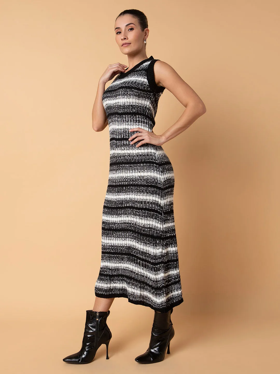 Women Black Striped A-Line Midi Dress