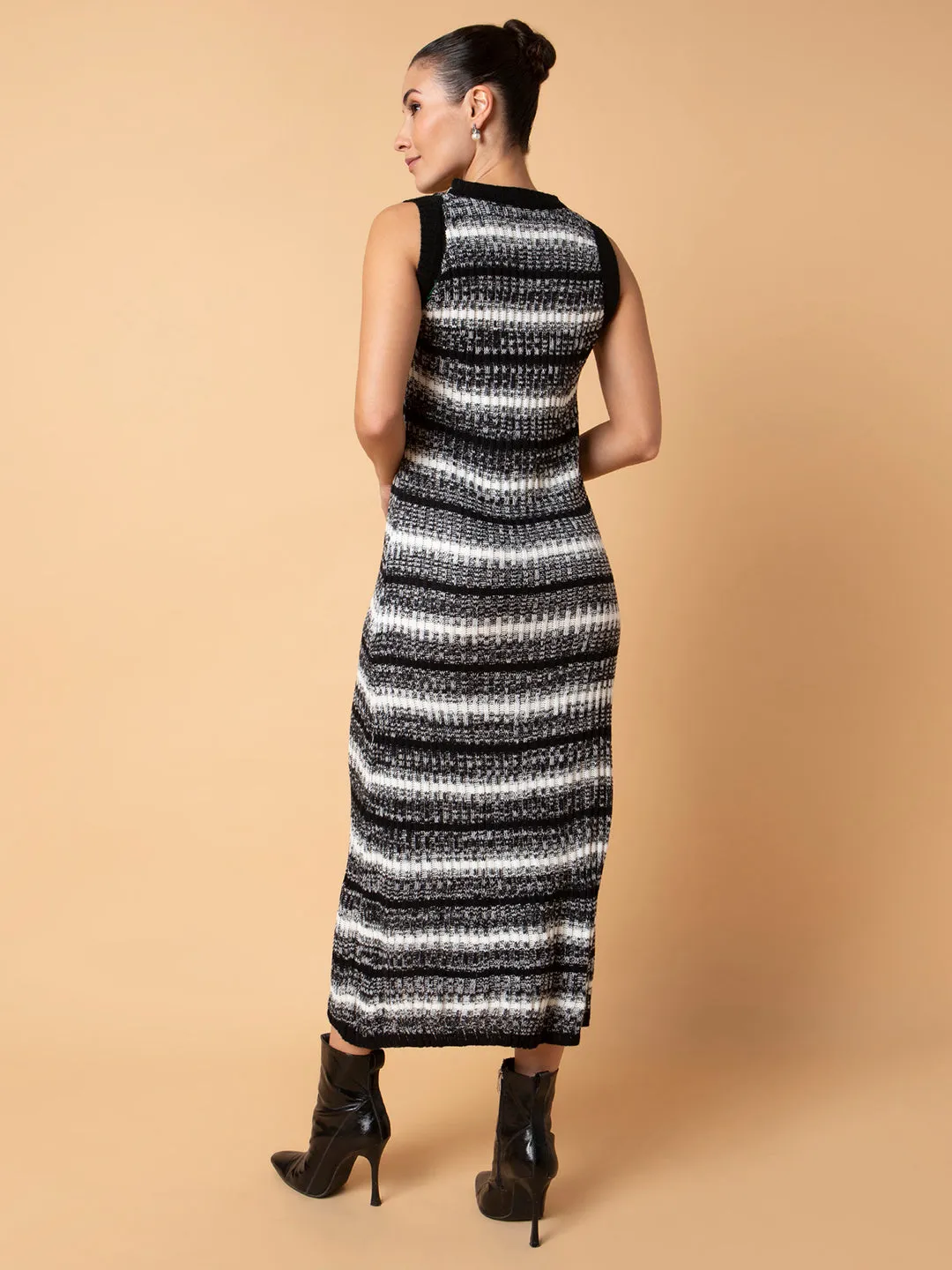 Women Black Striped A-Line Midi Dress