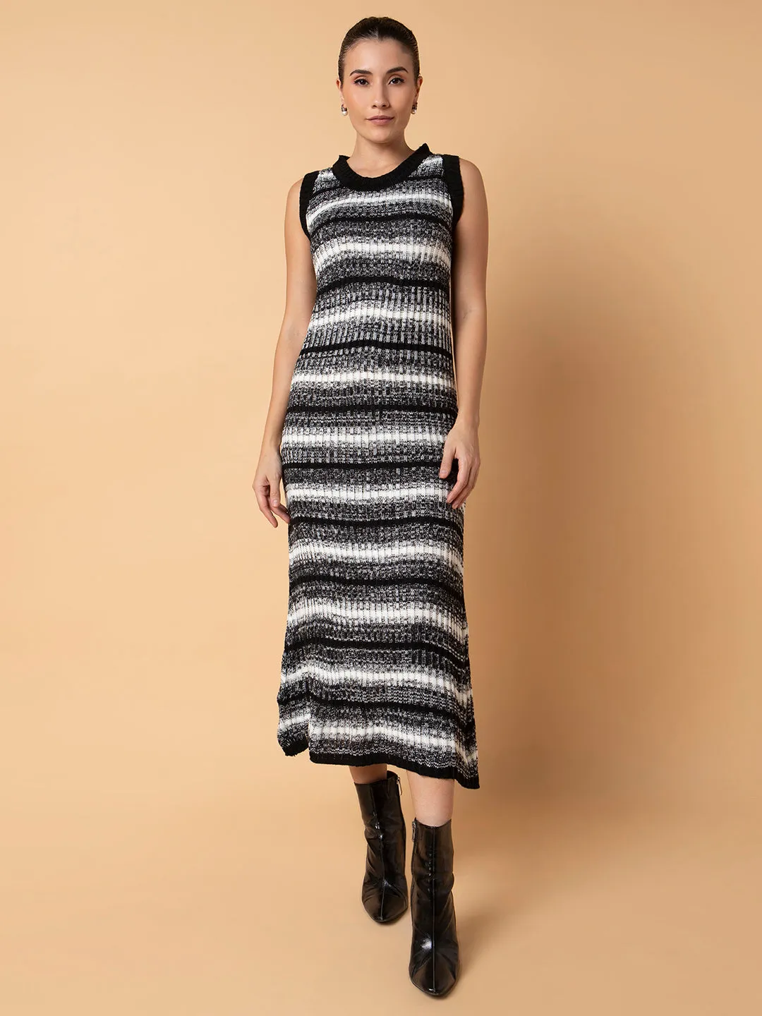 Women Black Striped A-Line Midi Dress