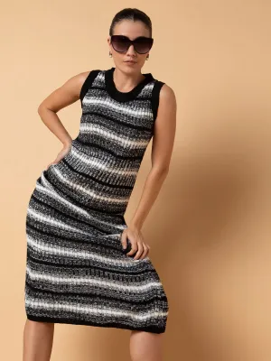 Women Black Striped A-Line Midi Dress