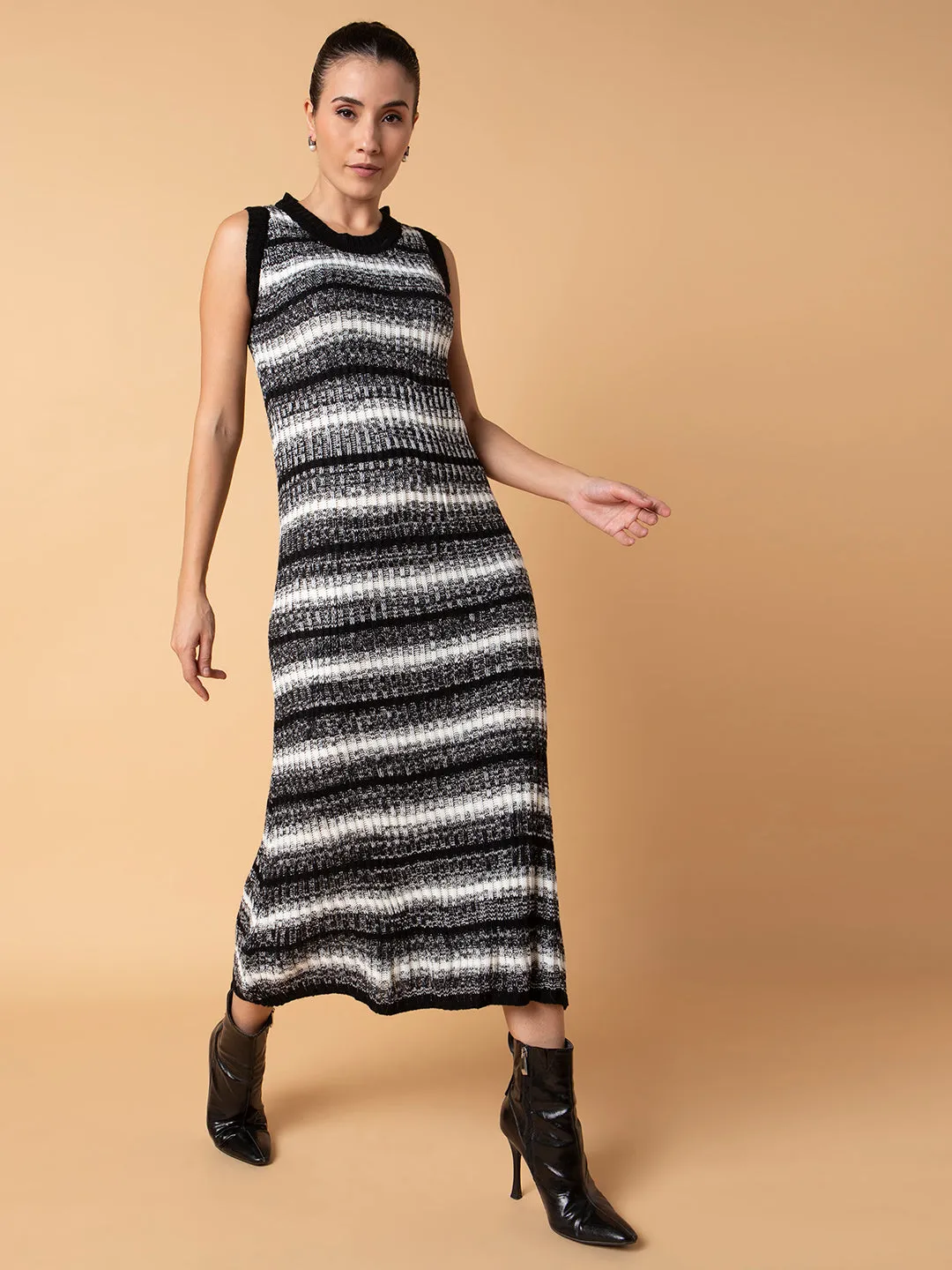 Women Black Striped A-Line Midi Dress
