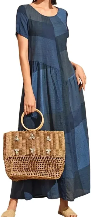 Women Casual Plaid Printed Stitching Dresses Vintage Loose Waist Pocket Long Dress Beach Simple Crewneck Dress