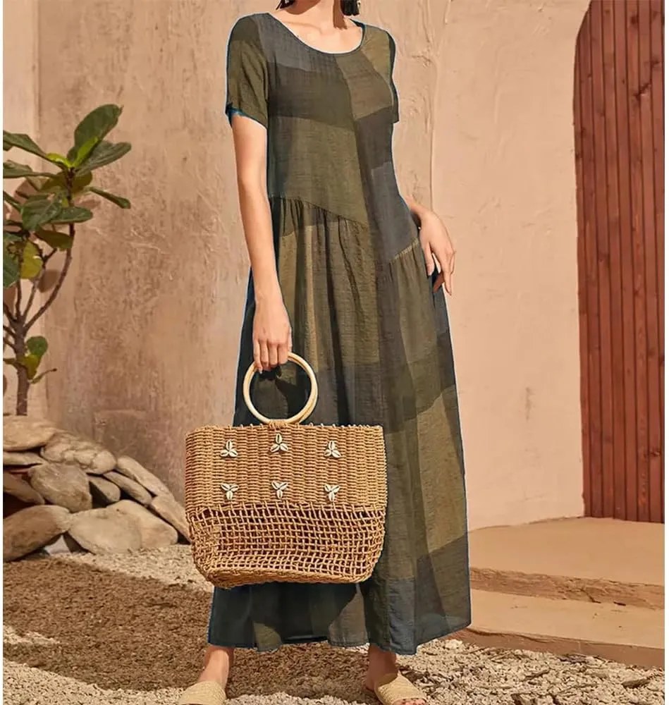 Women Casual Plaid Printed Stitching Dresses Vintage Loose Waist Pocket Long Dress Beach Simple Crewneck Dress
