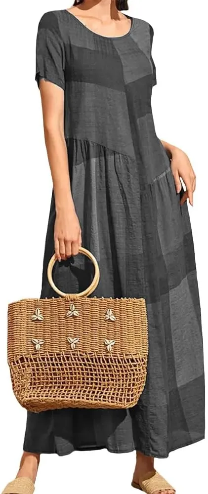 Women Casual Plaid Printed Stitching Dresses Vintage Loose Waist Pocket Long Dress Beach Simple Crewneck Dress
