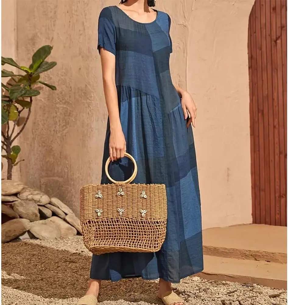 Women Casual Plaid Printed Stitching Dresses Vintage Loose Waist Pocket Long Dress Beach Simple Crewneck Dress