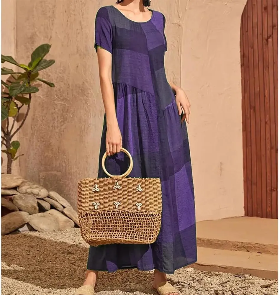 Women Casual Plaid Printed Stitching Dresses Vintage Loose Waist Pocket Long Dress Beach Simple Crewneck Dress