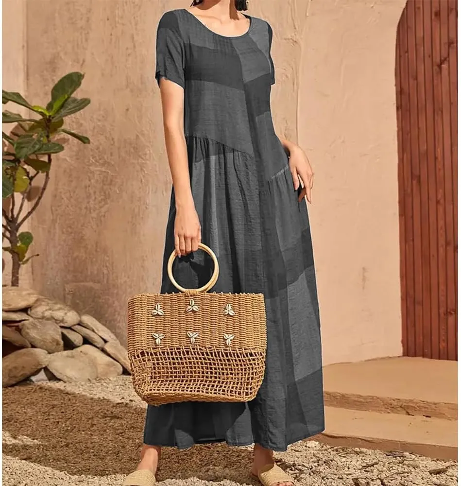 Women Casual Plaid Printed Stitching Dresses Vintage Loose Waist Pocket Long Dress Beach Simple Crewneck Dress