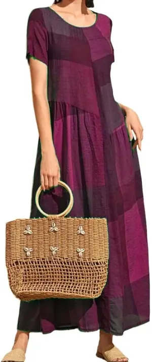 Women Casual Plaid Printed Stitching Dresses Vintage Loose Waist Pocket Long Dress Beach Simple Crewneck Dress
