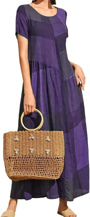 Women Casual Plaid Printed Stitching Dresses Vintage Loose Waist Pocket Long Dress Beach Simple Crewneck Dress