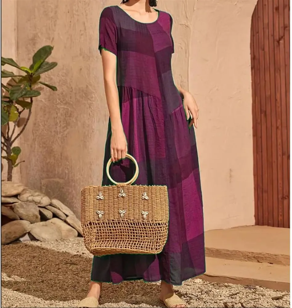 Women Casual Plaid Printed Stitching Dresses Vintage Loose Waist Pocket Long Dress Beach Simple Crewneck Dress