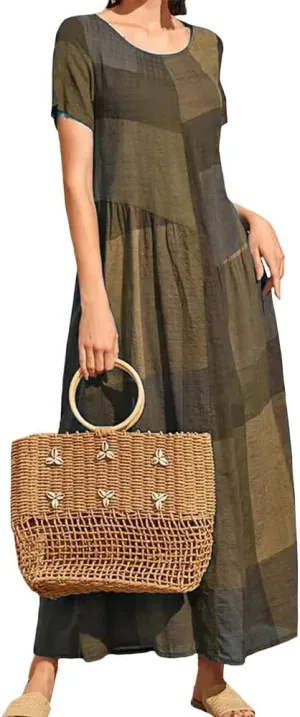 Women Casual Plaid Printed Stitching Dresses Vintage Loose Waist Pocket Long Dress Beach Simple Crewneck Dress