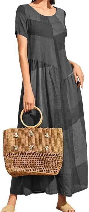 Women Casual Plaid Printed Stitching Dresses Vintage Loose Waist Pocket Long Dress Beach Simple Crewneck Dress