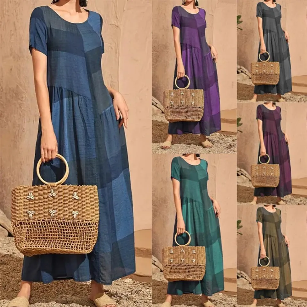 Women Casual Plaid Printed Stitching Dresses Vintage Loose Waist Pocket Long Dress Beach Simple Crewneck Dress