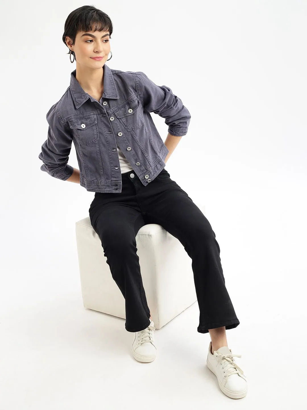 Women Charcoal Windcheater and Water Resistant Crop Denim Jacket