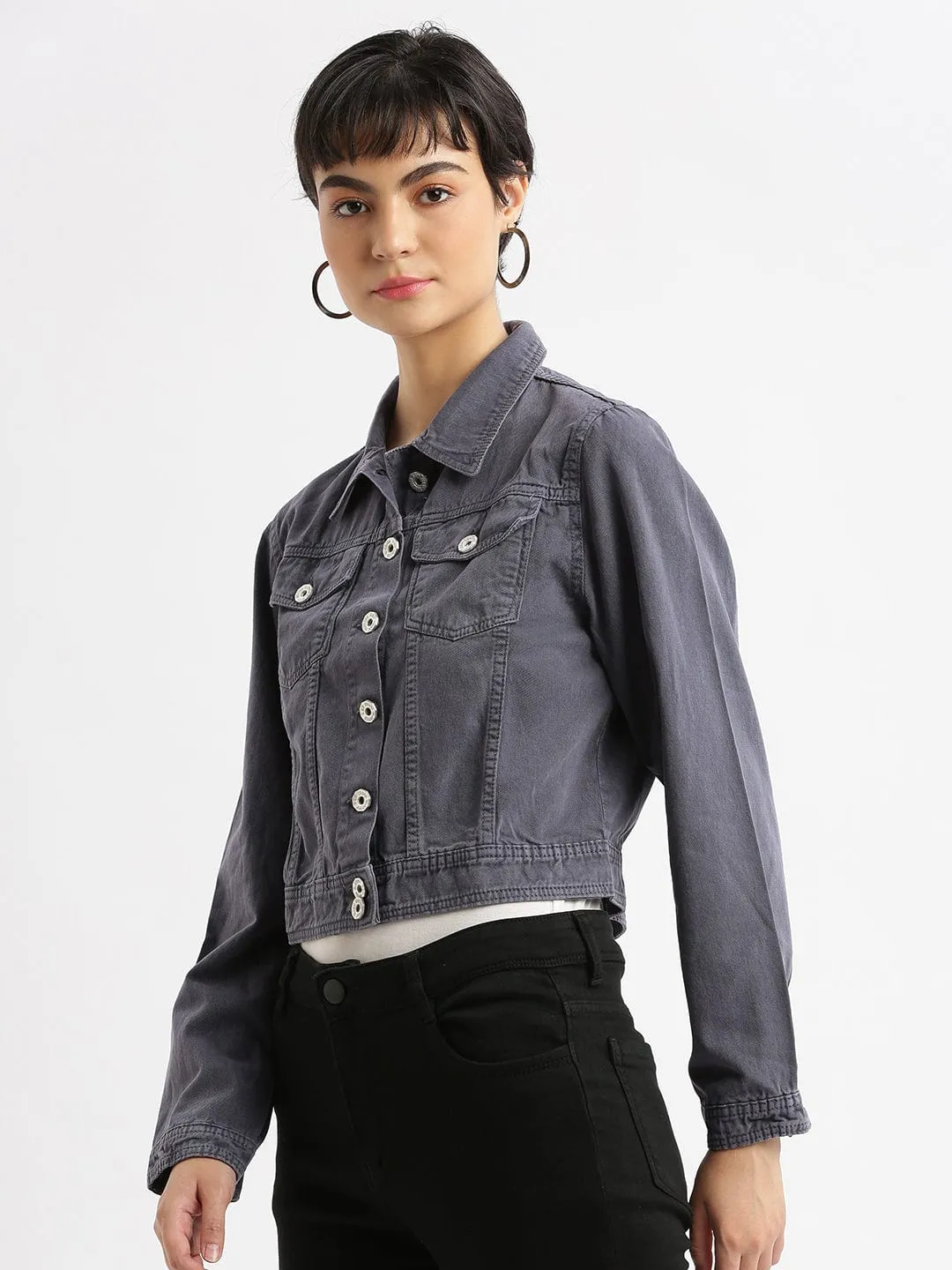 Women Charcoal Windcheater and Water Resistant Crop Denim Jacket