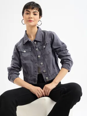Women Charcoal Windcheater and Water Resistant Crop Denim Jacket