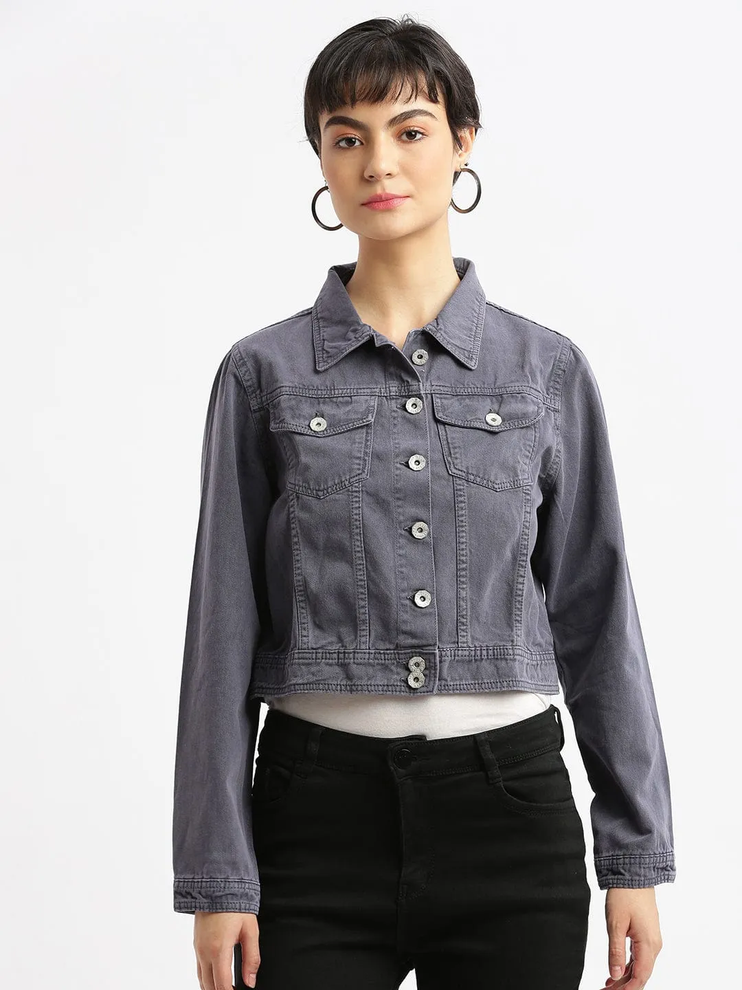 Women Charcoal Windcheater and Water Resistant Crop Denim Jacket