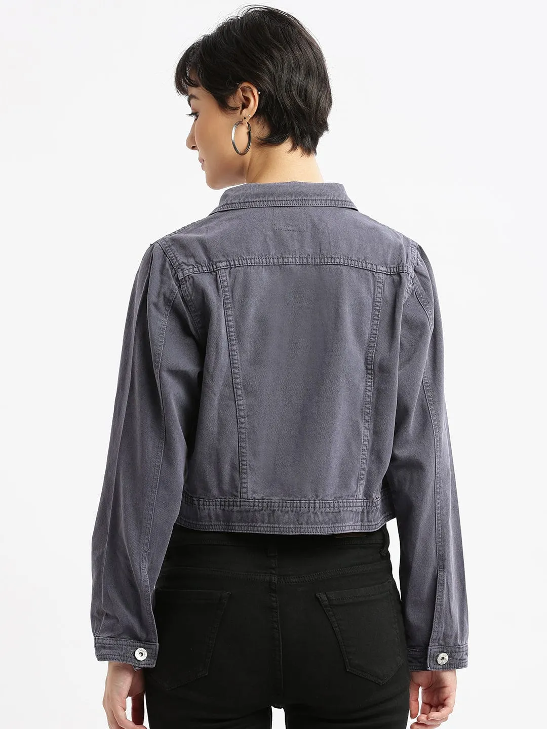 Women Charcoal Windcheater and Water Resistant Crop Denim Jacket