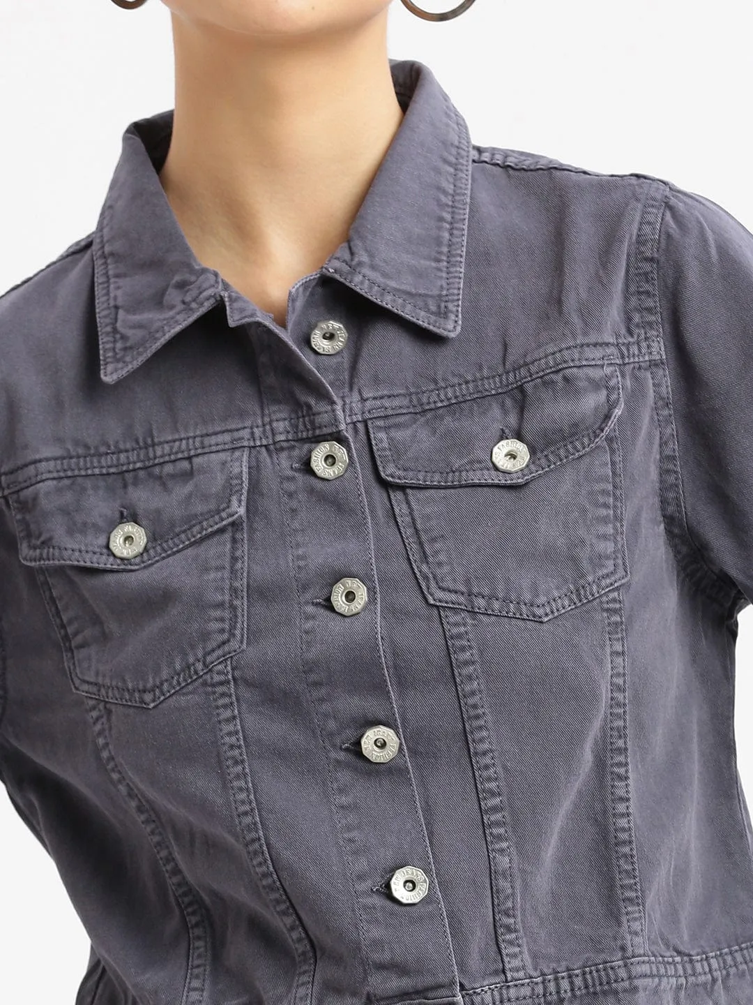 Women Charcoal Windcheater and Water Resistant Crop Denim Jacket