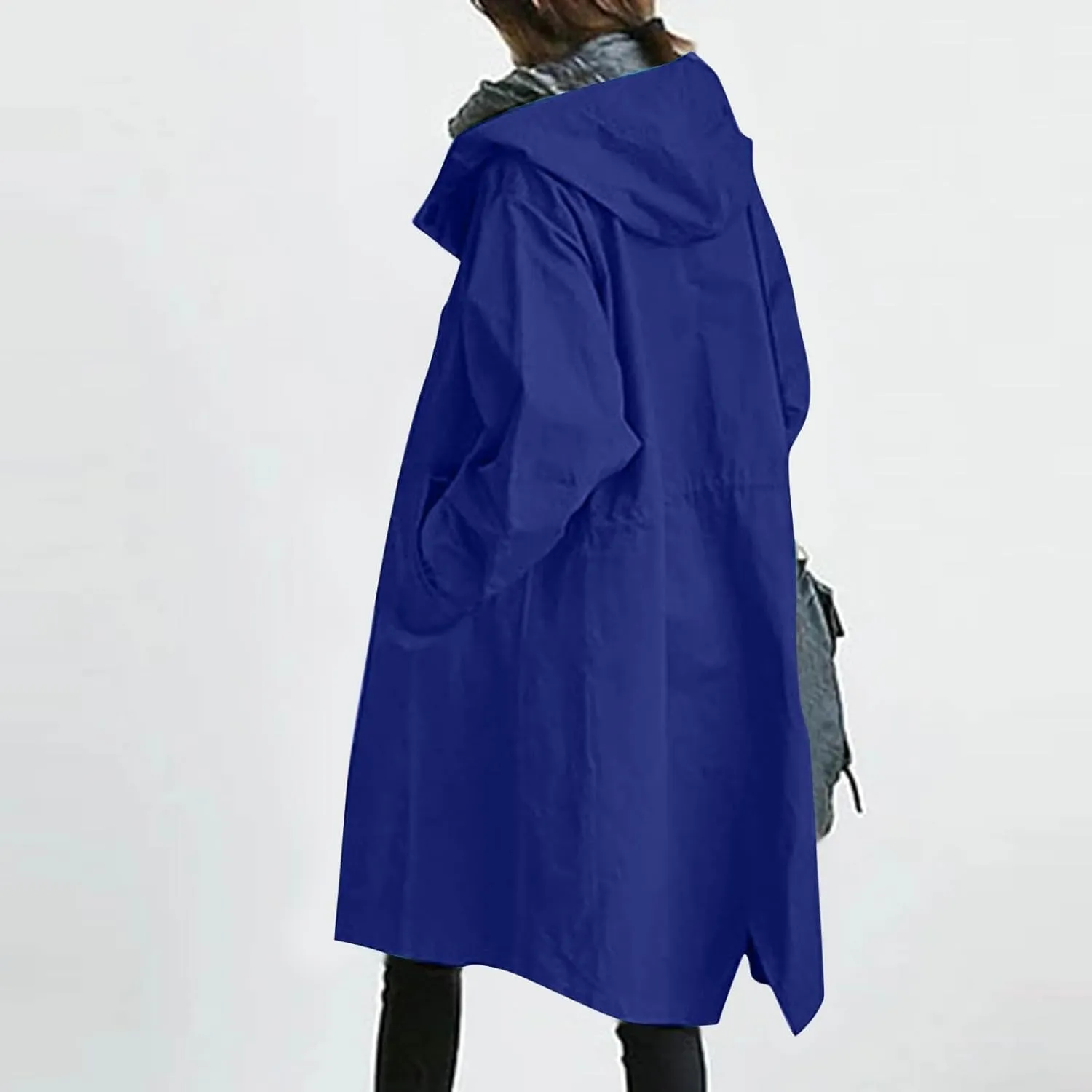 Women Hooded Trench Loose Lightweight Oversized Windproof Rain Jacket Casual Button Long Sleeve Outwear with Pockets