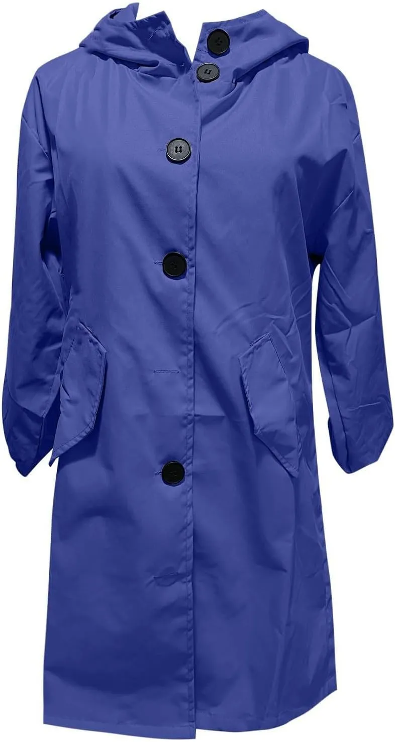 Women Hooded Trench Loose Lightweight Oversized Windproof Rain Jacket Casual Button Long Sleeve Outwear with Pockets