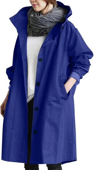 Women Hooded Trench Loose Lightweight Oversized Windproof Rain Jacket Casual Button Long Sleeve Outwear with Pockets