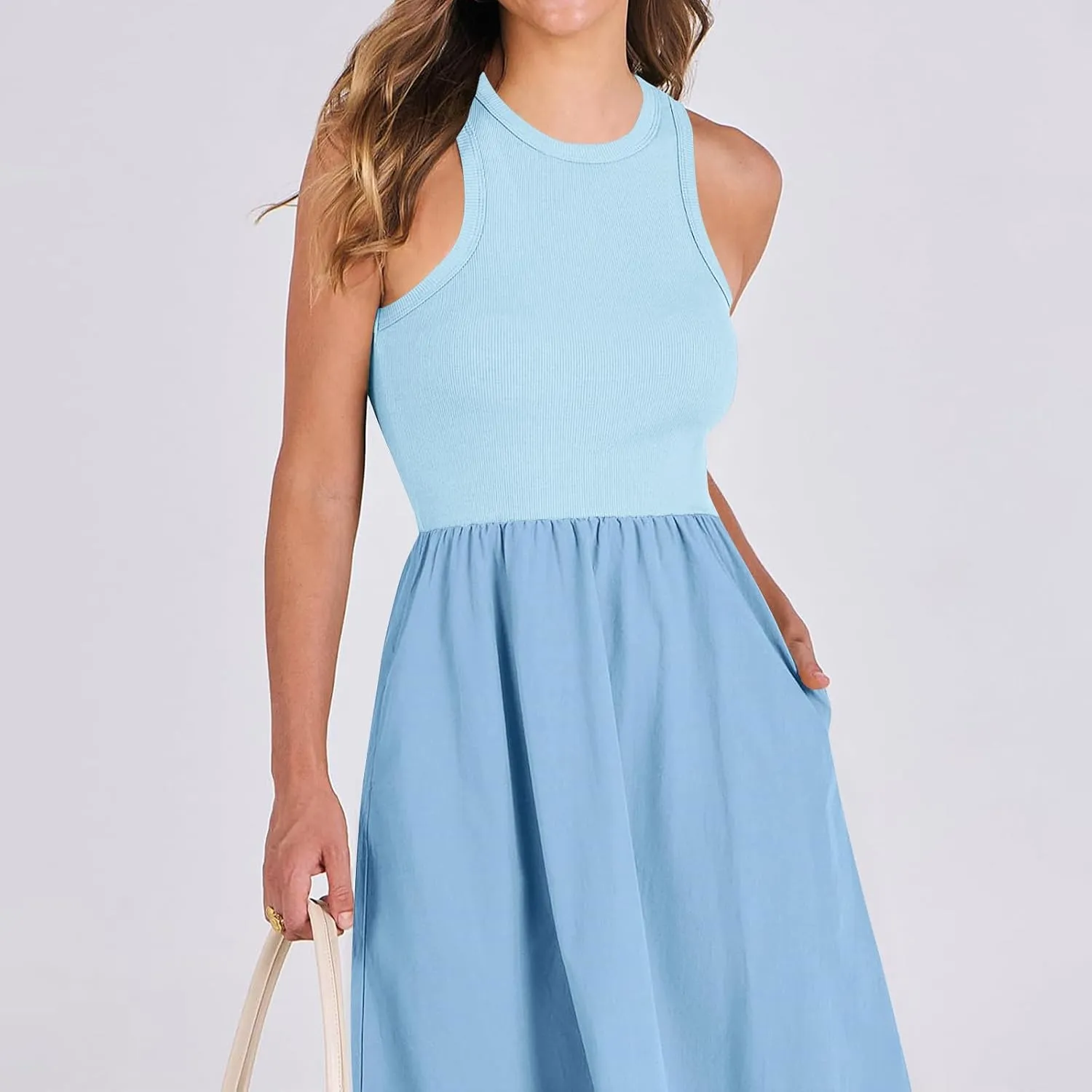 Women Sleeveless Midi Dresses Simple Solid Color Summer Sundress Loose Fit Casual Fashion Tank Dresses
