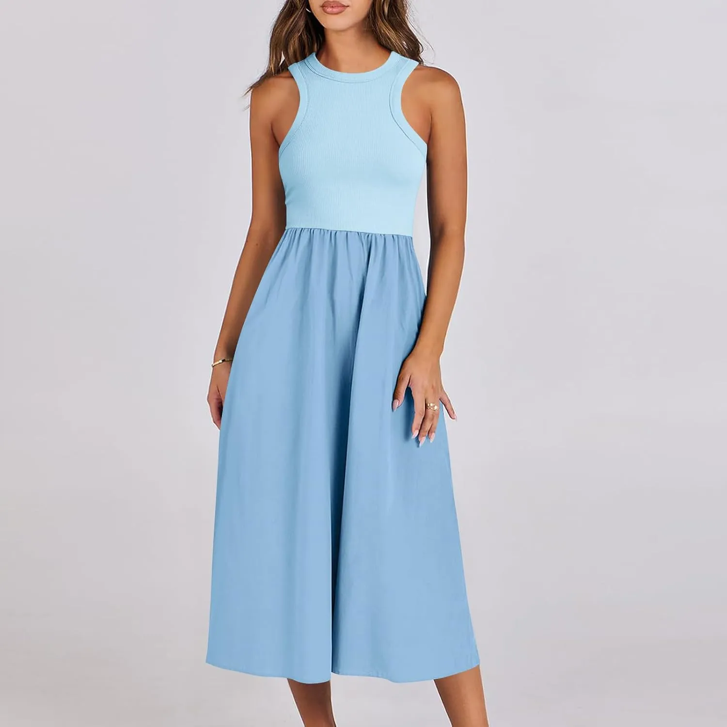 Women Sleeveless Midi Dresses Simple Solid Color Summer Sundress Loose Fit Casual Fashion Tank Dresses