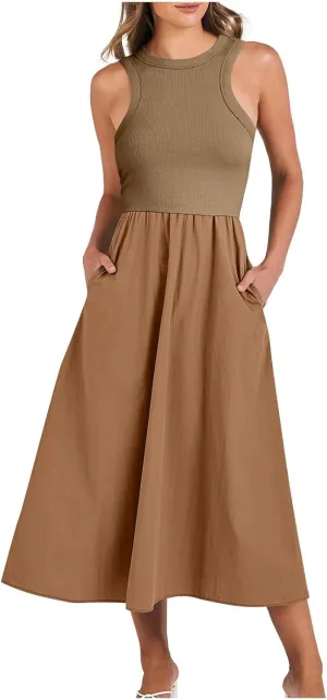 Women Sleeveless Midi Dresses Simple Solid Color Summer Sundress Loose Fit Casual Fashion Tank Dresses