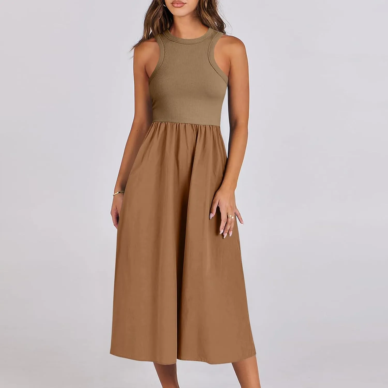 Women Sleeveless Midi Dresses Simple Solid Color Summer Sundress Loose Fit Casual Fashion Tank Dresses