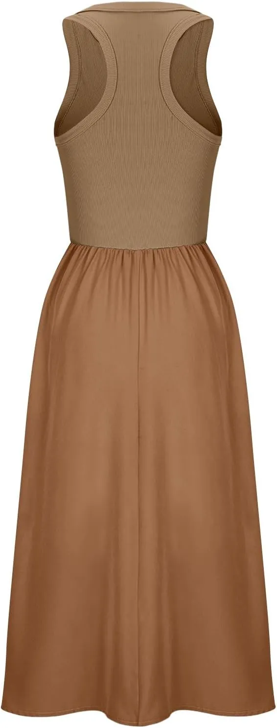 Women Sleeveless Midi Dresses Simple Solid Color Summer Sundress Loose Fit Casual Fashion Tank Dresses