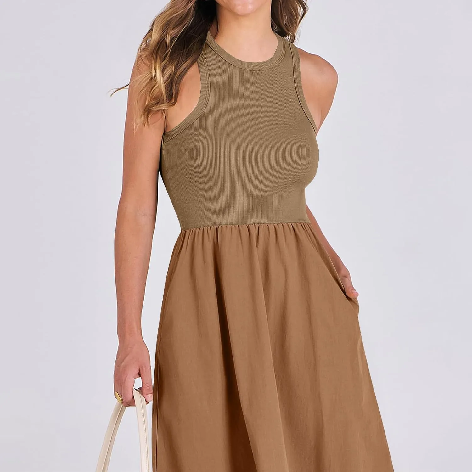 Women Sleeveless Midi Dresses Simple Solid Color Summer Sundress Loose Fit Casual Fashion Tank Dresses