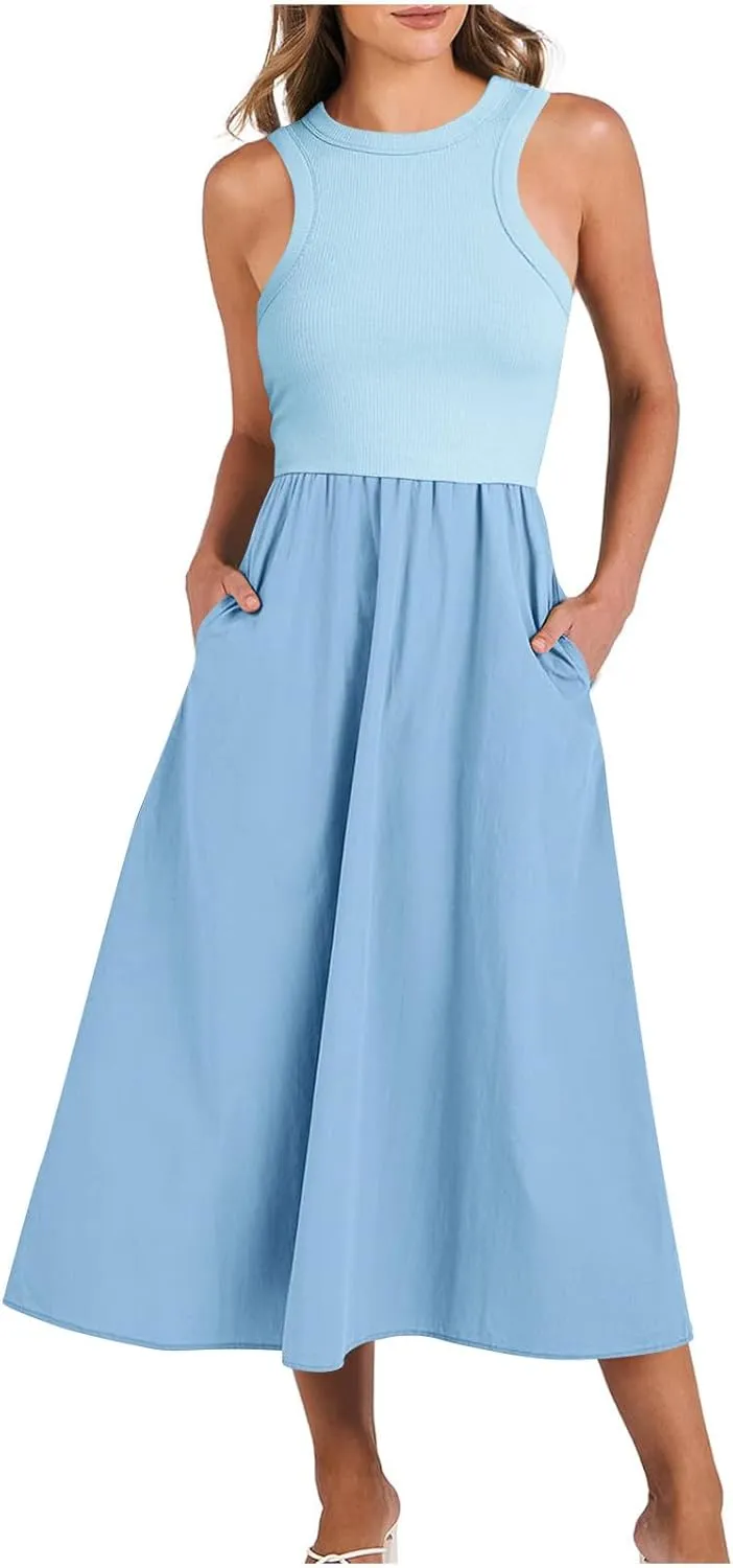 Women Sleeveless Midi Dresses Simple Solid Color Summer Sundress Loose Fit Casual Fashion Tank Dresses