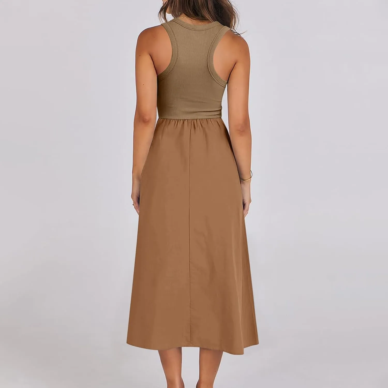 Women Sleeveless Midi Dresses Simple Solid Color Summer Sundress Loose Fit Casual Fashion Tank Dresses