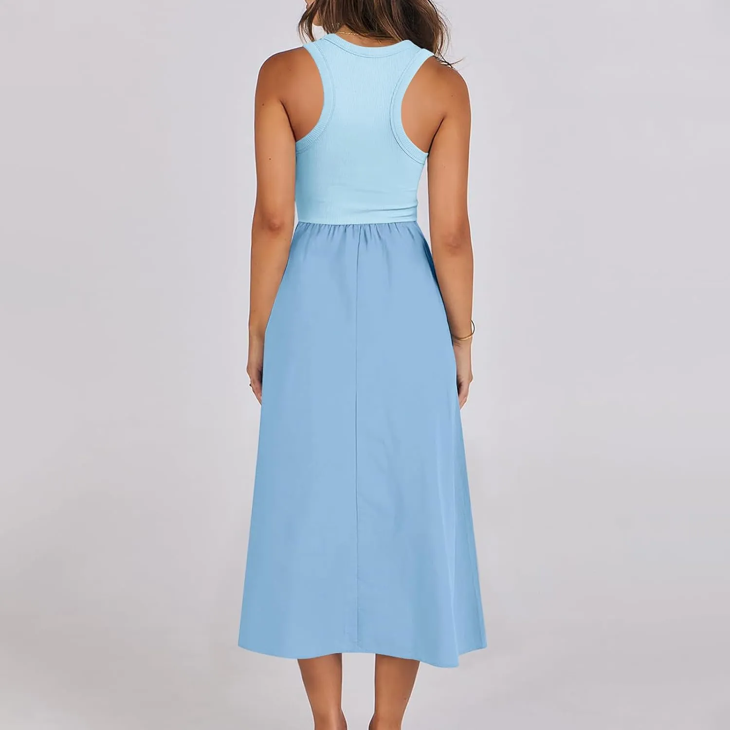 Women Sleeveless Midi Dresses Simple Solid Color Summer Sundress Loose Fit Casual Fashion Tank Dresses