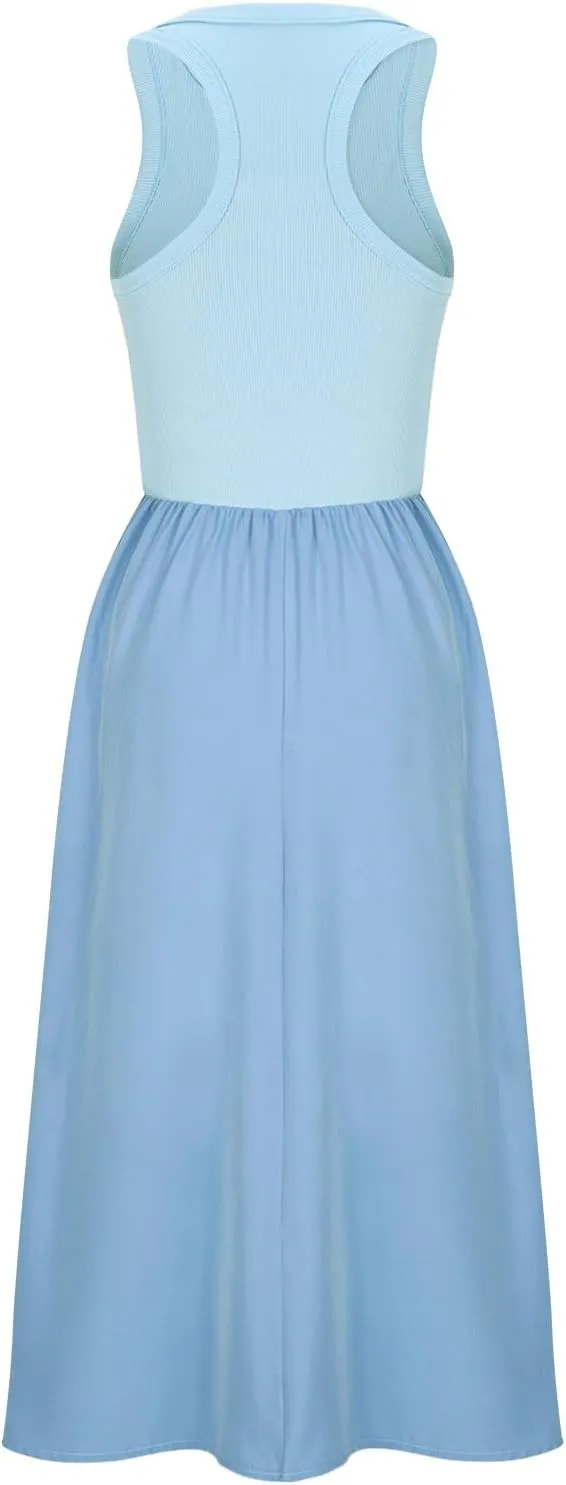 Women Sleeveless Midi Dresses Simple Solid Color Summer Sundress Loose Fit Casual Fashion Tank Dresses