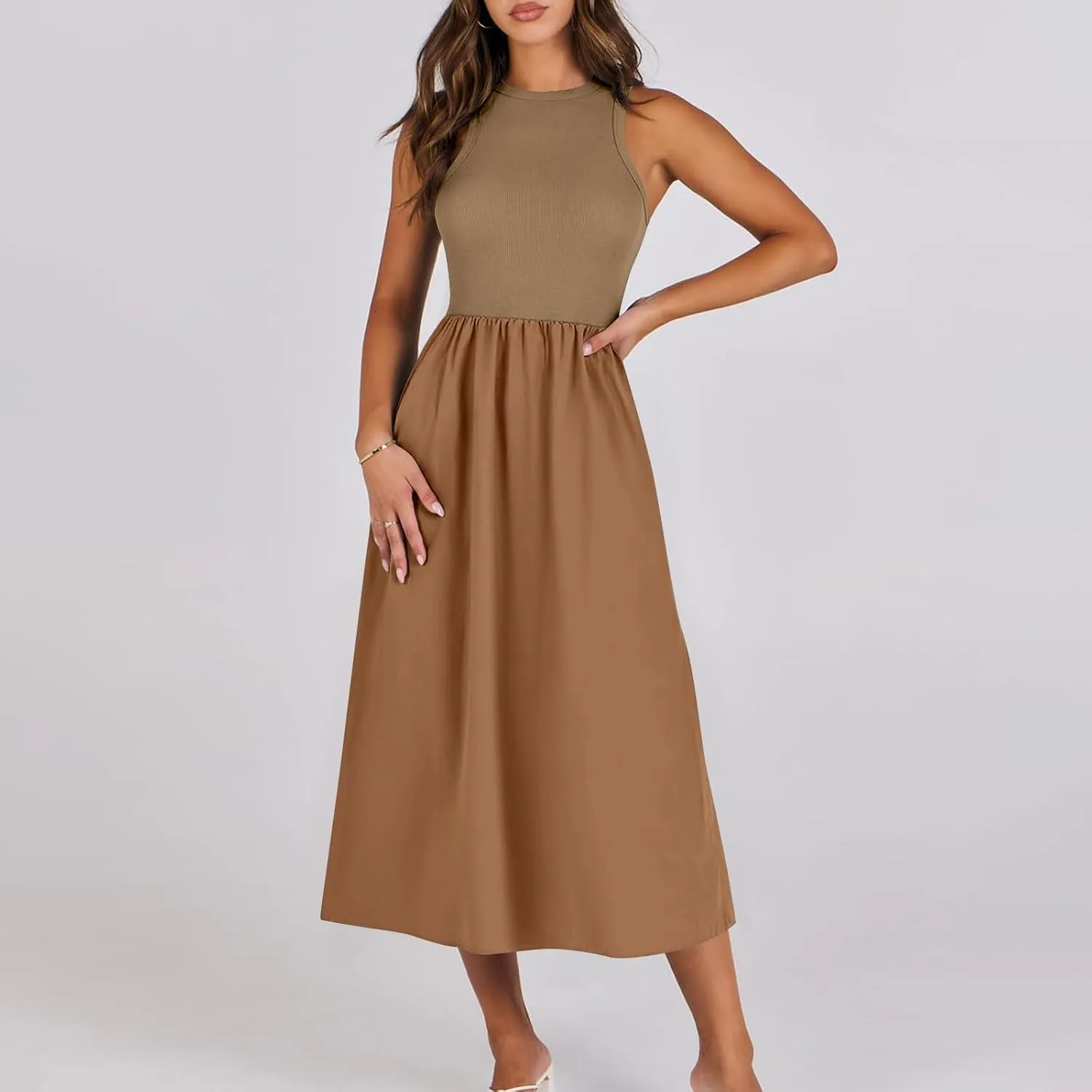 Women Sleeveless Midi Dresses Simple Solid Color Summer Sundress Loose Fit Casual Fashion Tank Dresses