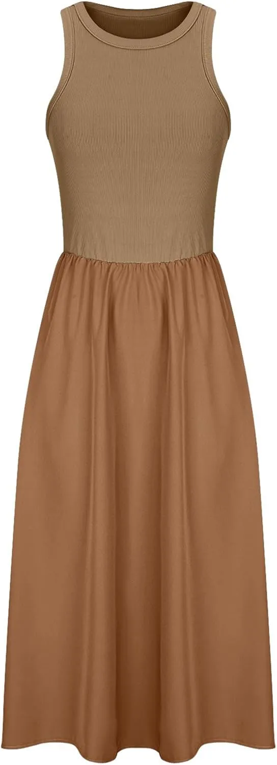 Women Sleeveless Midi Dresses Simple Solid Color Summer Sundress Loose Fit Casual Fashion Tank Dresses