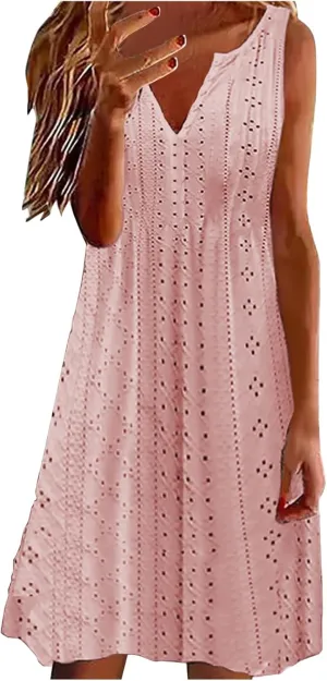 Women V Neck Sleeveless Sundresses Simple Solid Color Knee Length Dresses Casual Fashion Beach Dress